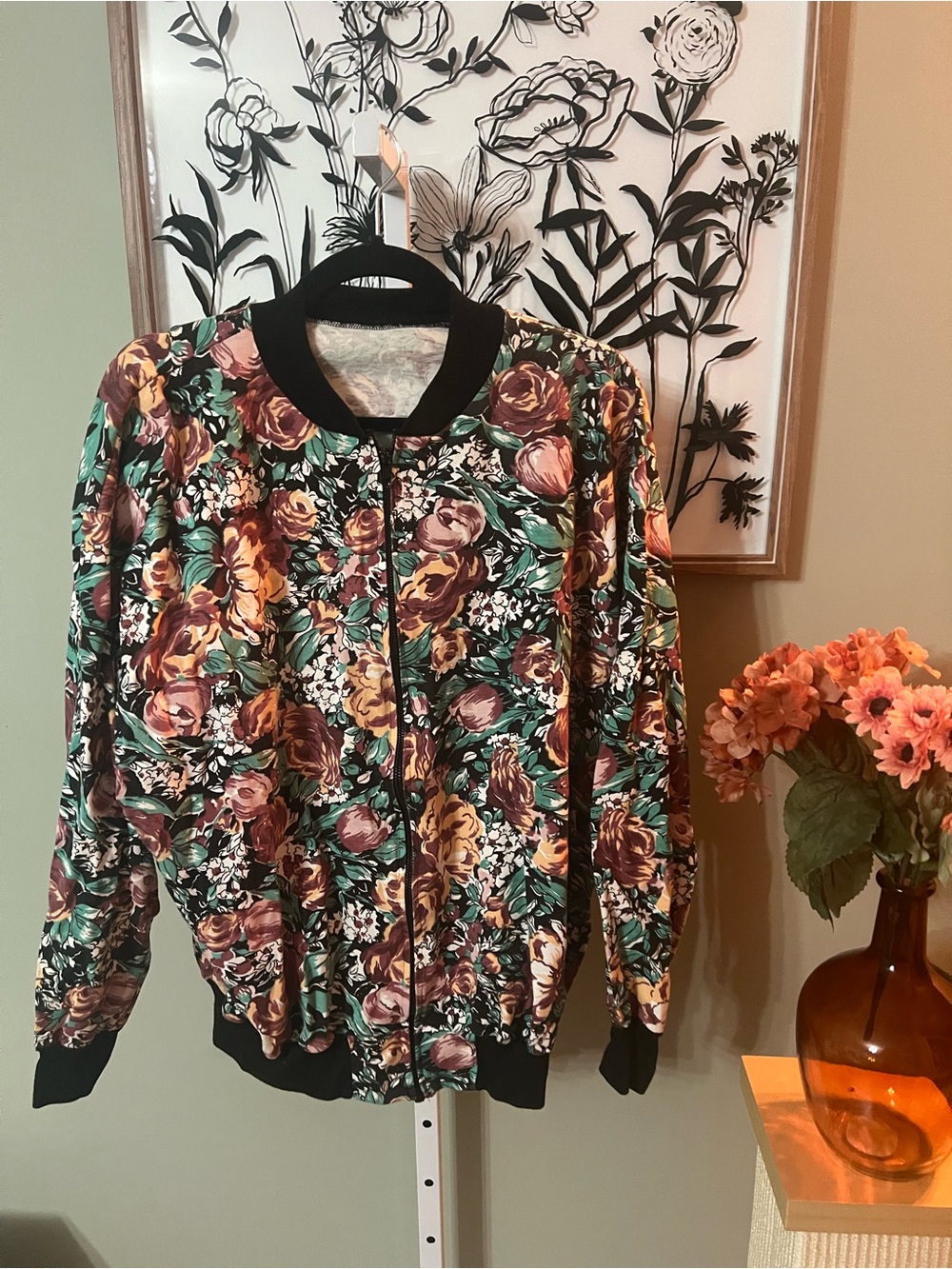 Vintage 90s Floral Bomber Jacket Oversized Full Zip Size XL
